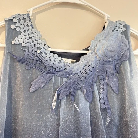 Blue Fairy Sheer Sleeveless Blouse Sz S Asymmetrical Hem Overlay Embroidered - Picture 3 of 12